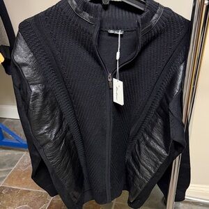 Black Zip-Up Sweater with Leather Accents